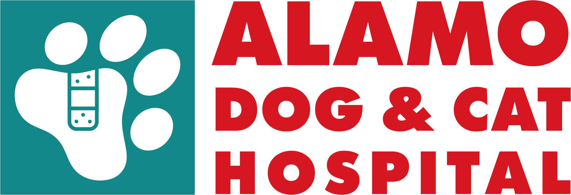 Alamo Dog & Cat Hospital in red, paw print with a bandaid in teal, Alamo's logo